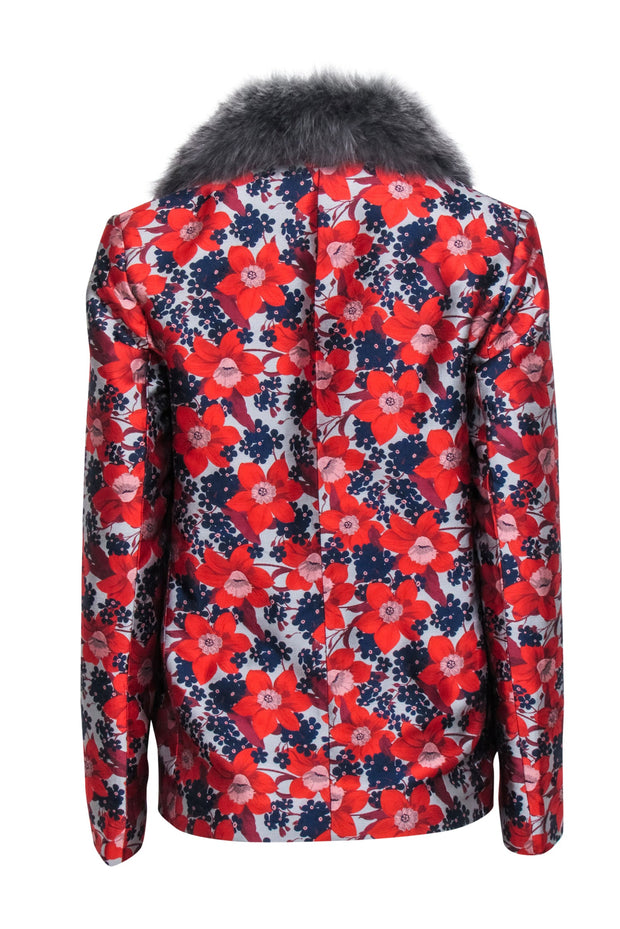 Current Boutique-Dolce Cabo - Red, Grey, & Navy Jacquard Floral Blazet w/ Fox Fur Collar Sz S