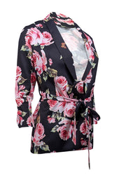 Current Boutique-Dolce & Gabbana - Black & Pink Rose Print Waist Tie Blazer Sz S