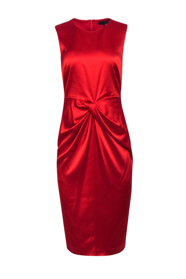 Current Boutique-Donna Karan - Red Satin Sleeveless Middle Ruched Dress Sz 8