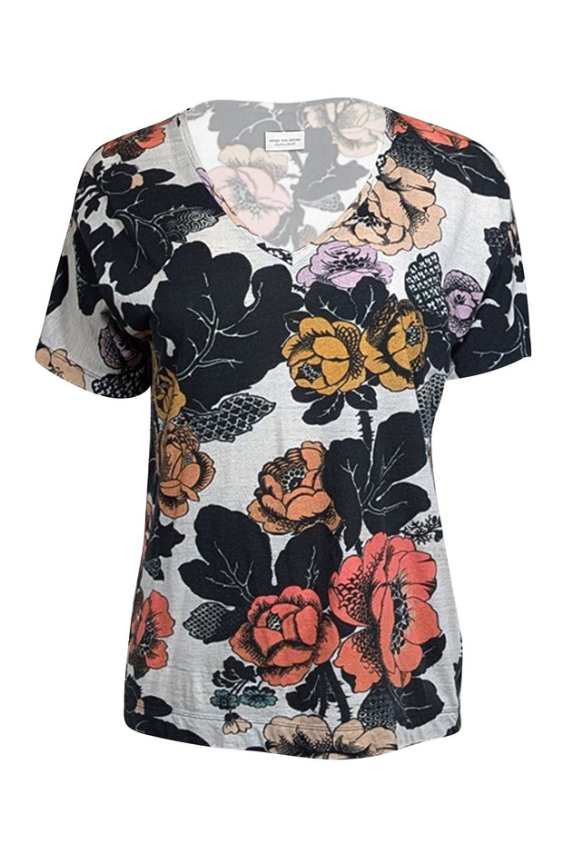 Current Boutique-Dries Van Noten - Grey, Black, & Multicolor Floral T-Shirt Sz S