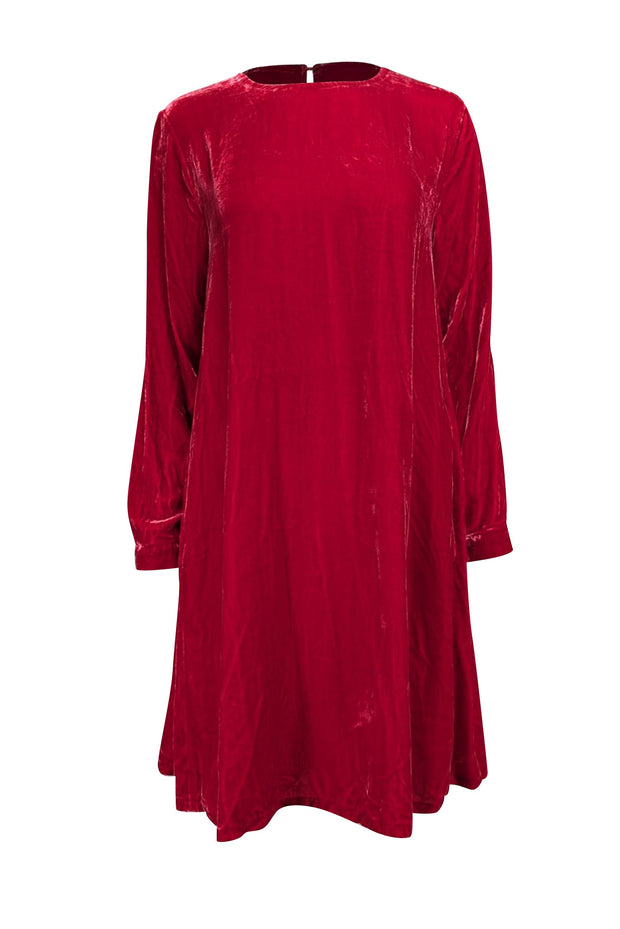 Current Boutique-Eileen Fisher - Red Velvet Crushed Velvet Long Sleeve Dress Sz XS