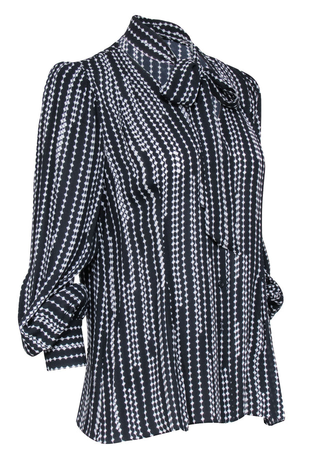 Current Boutique-Elie Tahari - Black & White Print Blouse w/ Neck Tie Detail Sz M