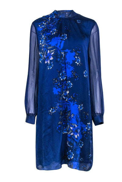 Current Boutique-Elie Tahari - Indigo Floral Print Silk Shift Dress Sz L