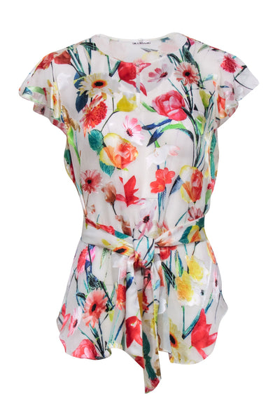 Current Boutique-Elie Tahari - Ivory & Multi Color Floral Burnout Velvet Neck Tie Top Sz 10