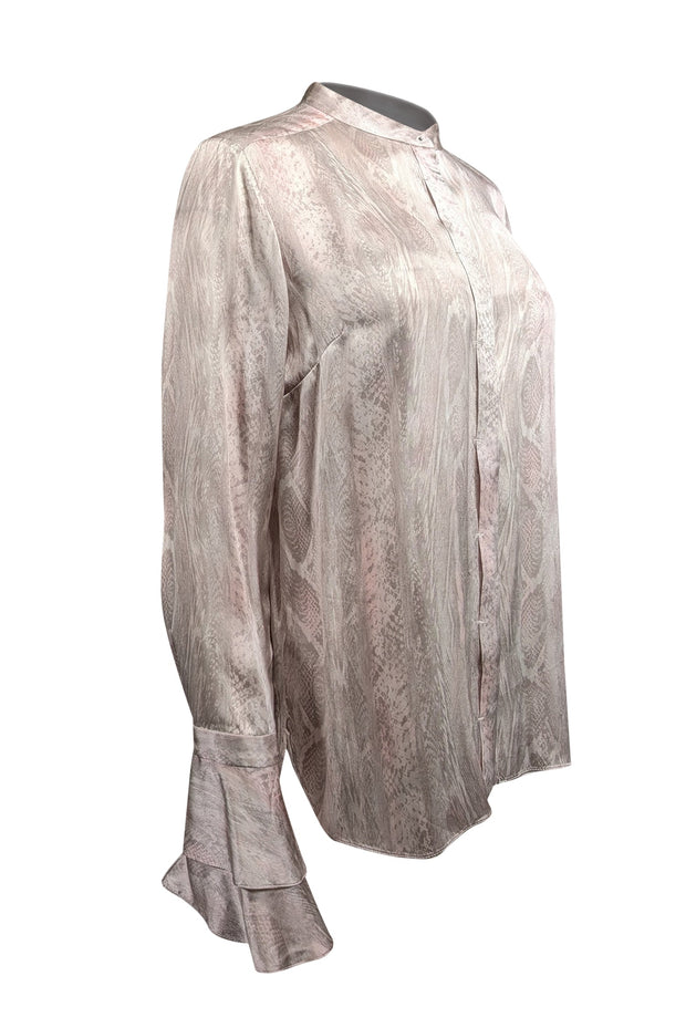 Current Boutique-Elie Tahari - Light Grey & Pale Pink Snakeskin Print Silk Blouse Sz M