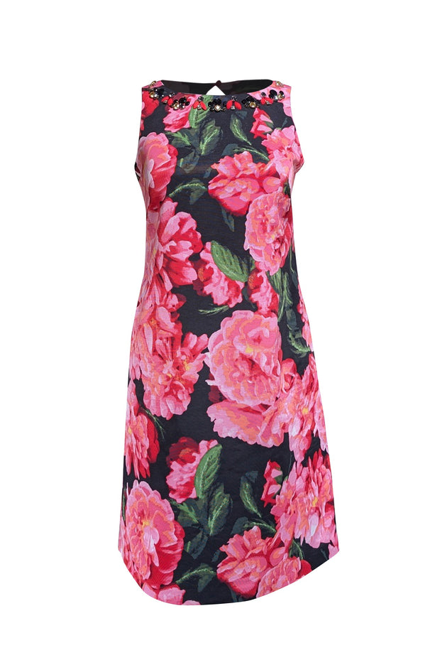 Current Boutique-Eliza J - Pink & Black Large Floral Print Dress w/ Jewel Embellished Neckline Sz 4