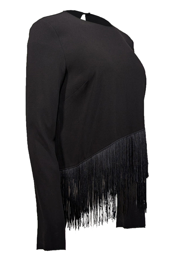 Current Boutique-Elizabeth & James - Black Long Sleeve Top w/ Asymmetrical Fringe Trim Sz S