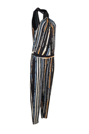 Current Boutique-Ella Moss - Black, White, Orange & Teal Striped Print Sleeveless Jumpsuit Sz L