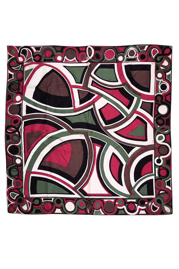 Current Boutique-Emilio Pucci - Pink, Green, Brown, Black, & White Abstract Print Silk Scarf