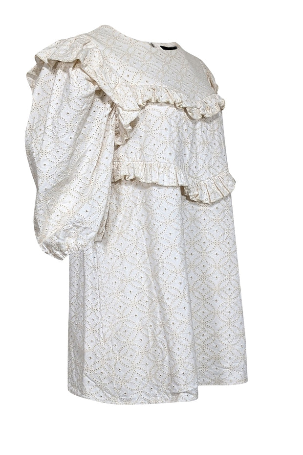 Current Boutique-En Saison - Cream Long Sleeve Eyelet Mini w/ Ruffle Details Dress Sz L