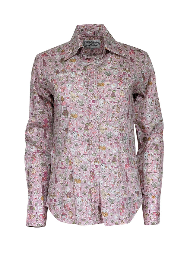 Current Boutique-English Country Classics - Pink Long Sleeve Alice in Wonderland Print Top Sz 10