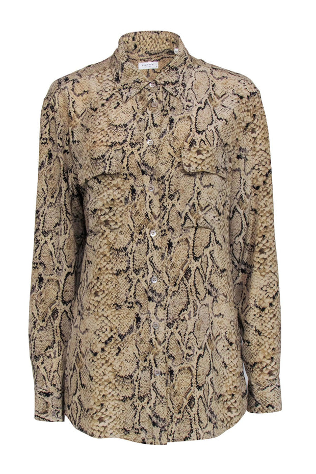 Current Boutique-Equipment - Beige & Black Snakeskin Print Long Sleeve Button Front Sz M