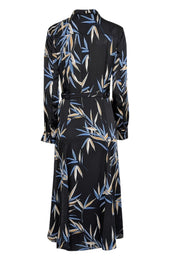 Current Boutique-Equipment - Black w/ Blue & Tan Leaf Print Long Sleeve Dress Sz 6