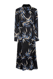 Current Boutique-Equipment - Black w/ Blue & Tan Leaf Print Long Sleeve Dress Sz 6