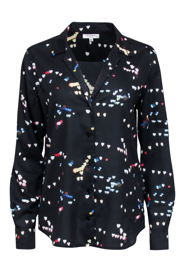 Current Boutique-Equipment - Black w/ Rainbow Heart Print Button Down Shirt Sz M