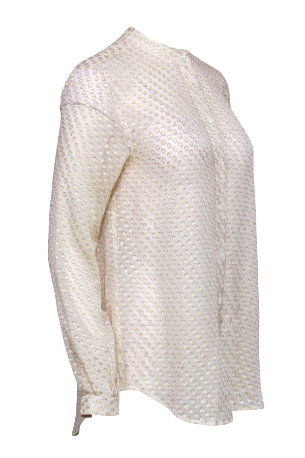 Current Boutique-Equipment - Cream & Gold Metallic Polka Dot Long Sleeve Button-Up Sheer Blouse Sz S