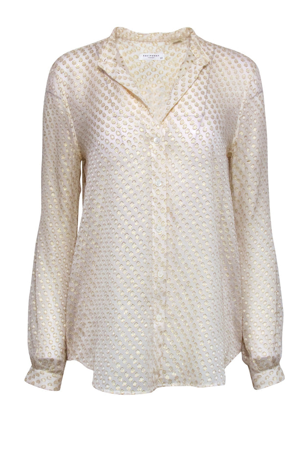 Current Boutique-Equipment - Cream & Gold Metallic Polka Dot Long Sleeve Button-Up Sheer Blouse Sz S