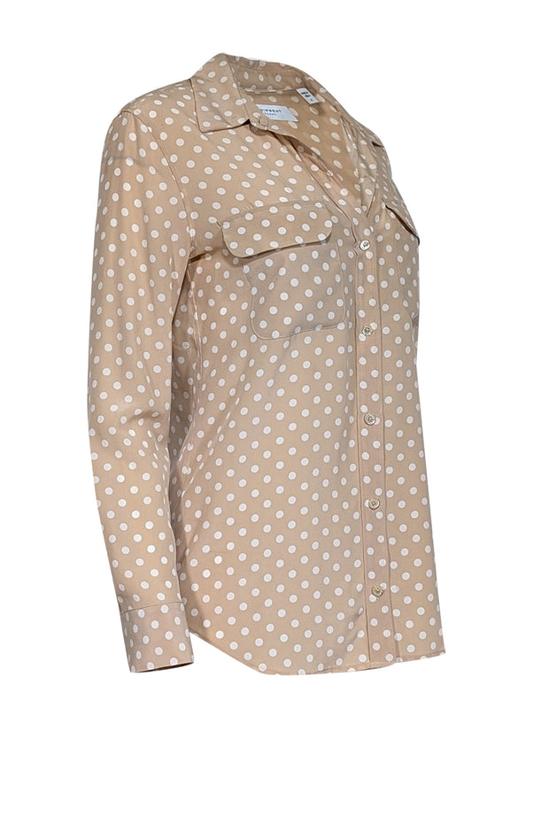 Current Boutique-Equipment - Dark Beige & White Polka Dot Print Silk Blouse Sz S