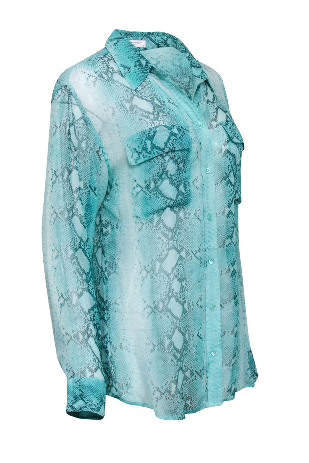 Current Boutique-Equipment Femme - Teal Sheer Snakeskin Print Button Up Blouse w/ Pockets Sz M