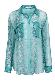 Current Boutique-Equipment Femme - Teal Sheer Snakeskin Print Button Up Blouse w/ Pockets Sz M