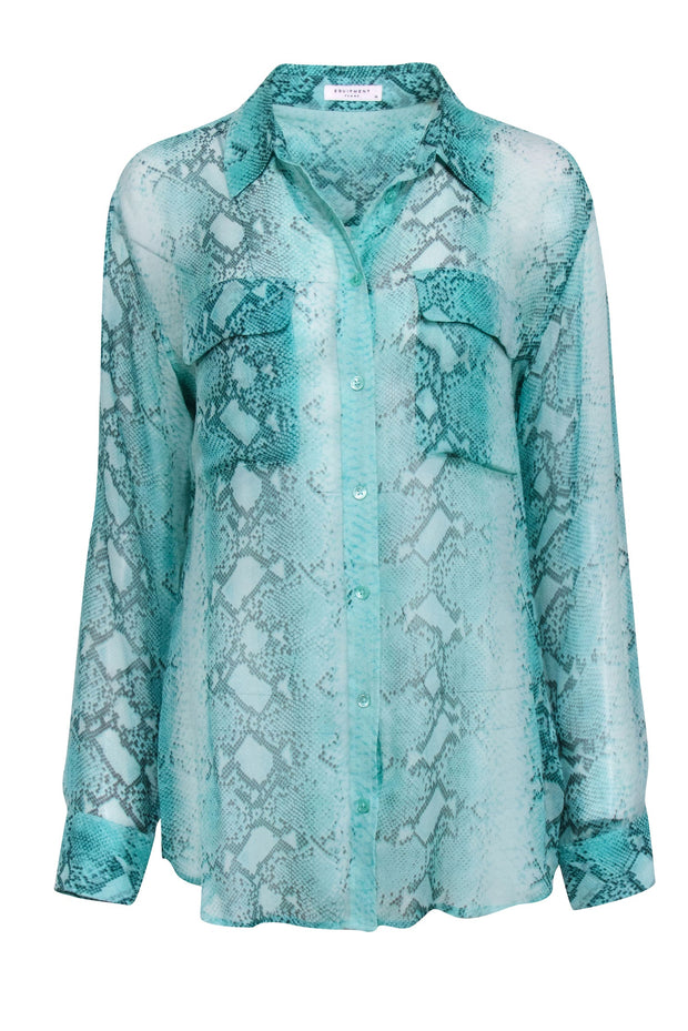 Current Boutique-Equipment Femme - Teal Sheer Snakeskin Print Button Up Blouse w/ Pockets Sz M