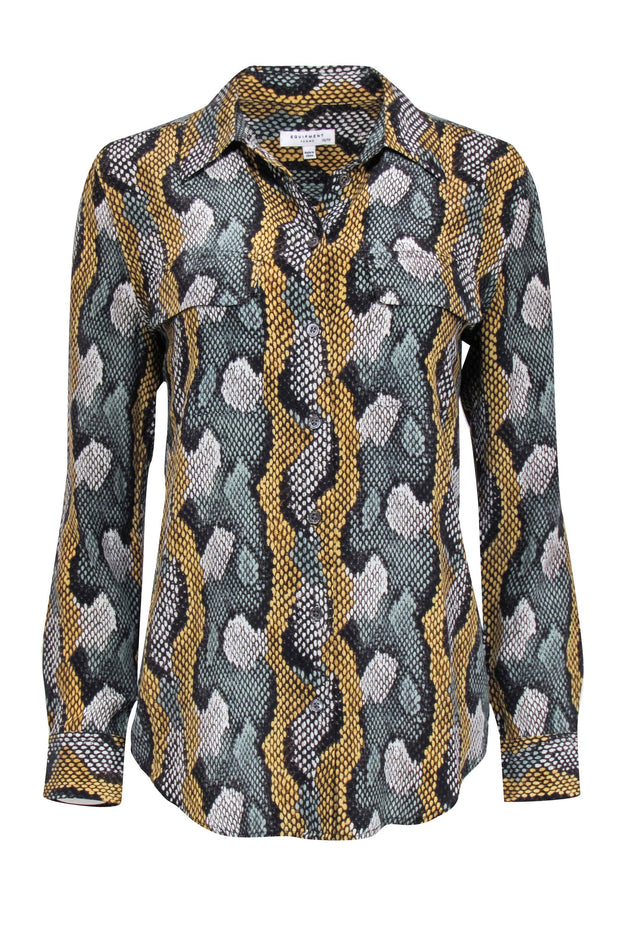 Current Boutique-Equipment - Green & Yellow Snake Print Silk Button Down Shirt Sz XS