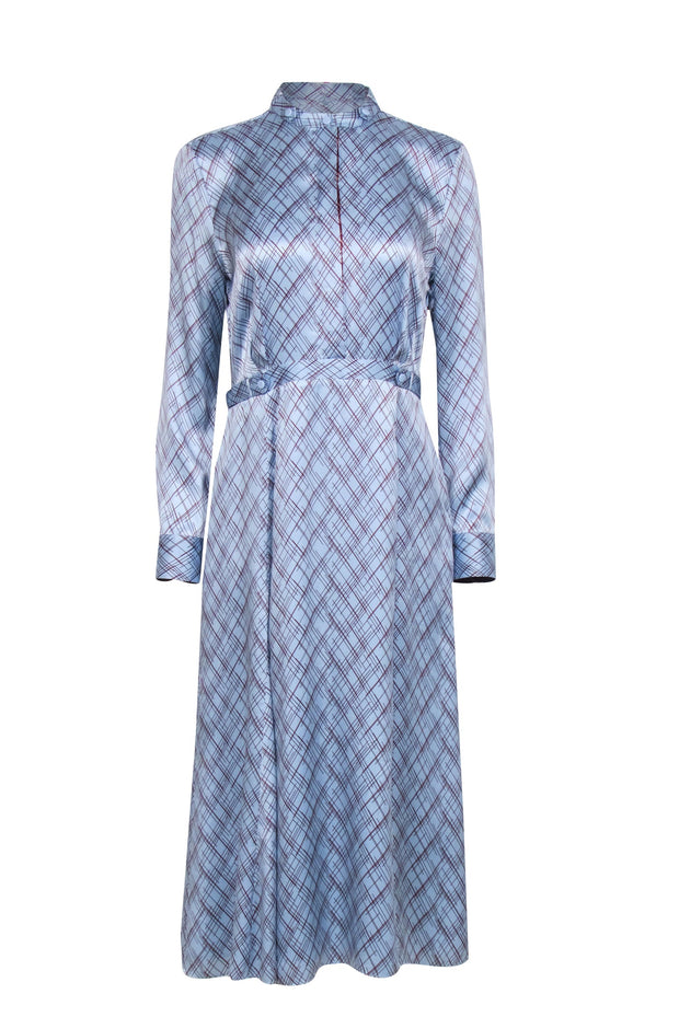 Current Boutique-Equipment - Light Blue & Maroon Crosshatch Print Silk Dress Sz S