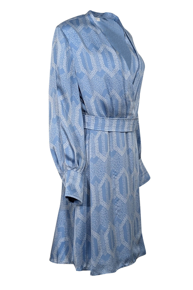 Current Boutique-Equipment - Light Blue & White Printed Satin Wrap Dress w/ Belt Sz 6