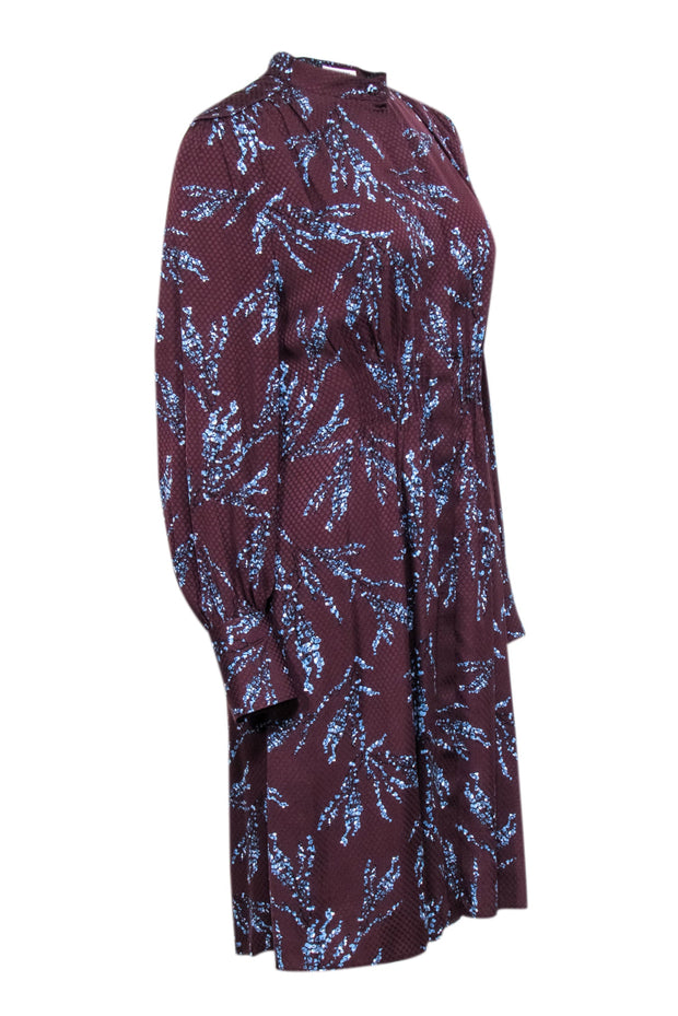 Current Boutique-Equipment - Maroon w/ Blue Floral Print Pleated Long Sleeve Dress Sz 6