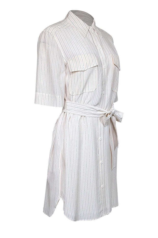 Current Boutique-Equipment - Off-White w/ Pink & Black Stripe Print Silk Dress Sz S