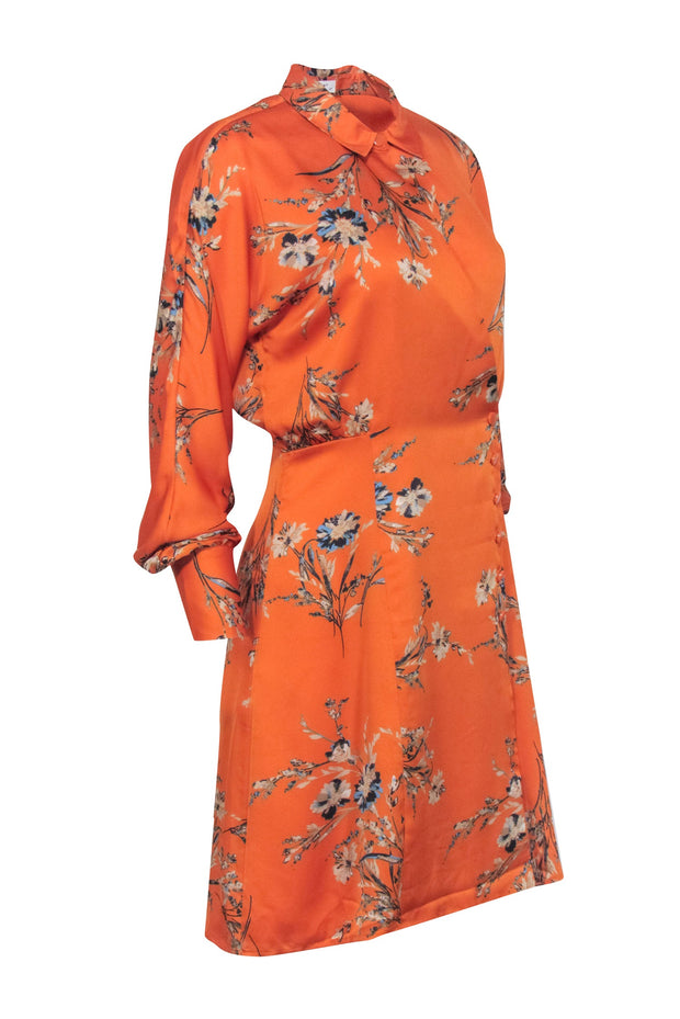 Current Boutique-Equipment - Orange w/ Blue Floral Print Satin Wrap Dress Sz S