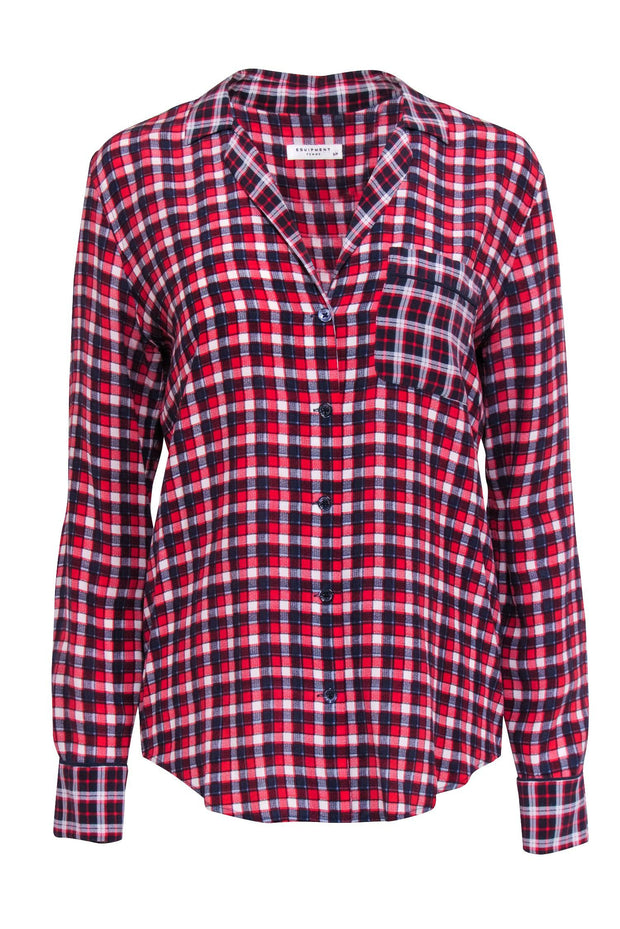 Current Boutique-Equipment - Red, Navy & White Plaid Print Silk Button-Up Shirt Sz S