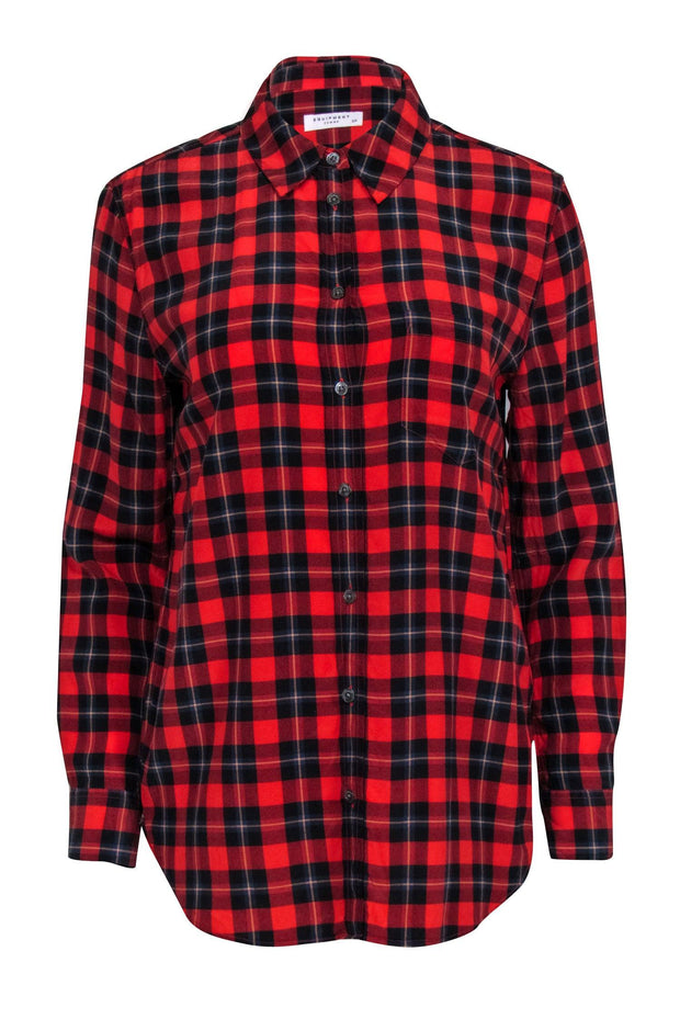 Current Boutique-Equipment - Red Silk Plaid Button Down Shirt Sz S