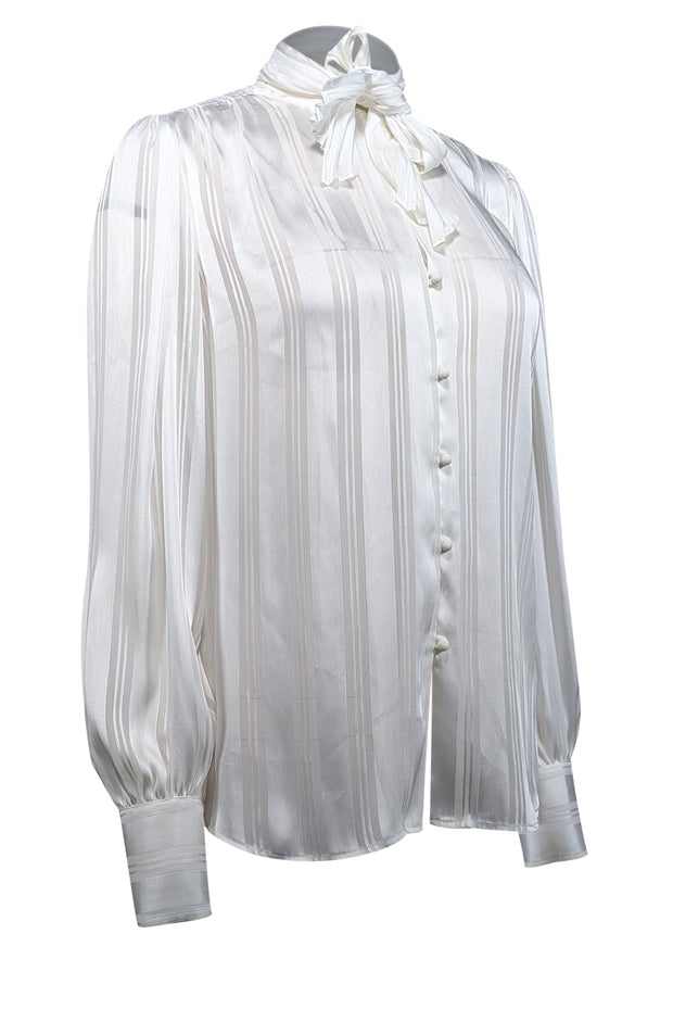 Current Boutique-Equipment - White Stripe Textured Long Sleeve Blouse w/ Neck Tie Sz M