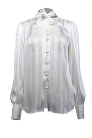 Current Boutique-Equipment - White Stripe Textured Long Sleeve Blouse w/ Neck Tie Sz M