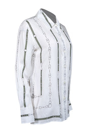 Current Boutique-Equipment - White w/ Green Belt & Chain Print Silk Blend Blouse Sz S