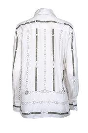 Current Boutique-Equipment - White w/ Green Belt & Chain Print Silk Blend Blouse Sz S