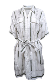 Current Boutique-Equipment - White w/ Green Belt Print Silk Blend Zip Front Dress Sz S