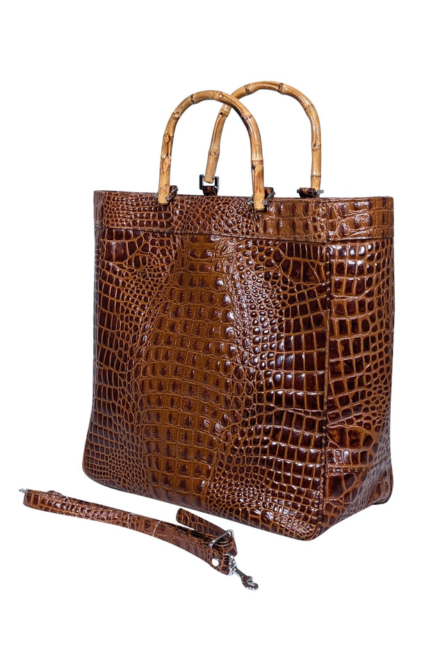 Current Boutique-Eric Brand - Brown Croc Embossed Tote w/ Bamboo Handles & Detachable Strap