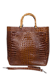 Current Boutique-Eric Brand - Brown Croc Embossed Tote w/ Bamboo Handles & Detachable Strap