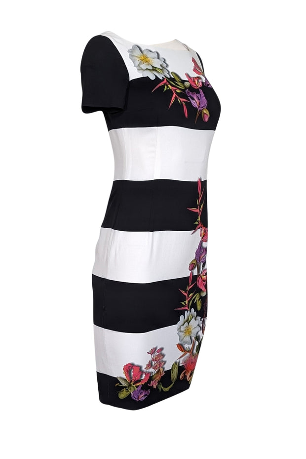 Current Boutique-Escada - Black & White Striped Crepe Dress w/ Floral Print Sz 2