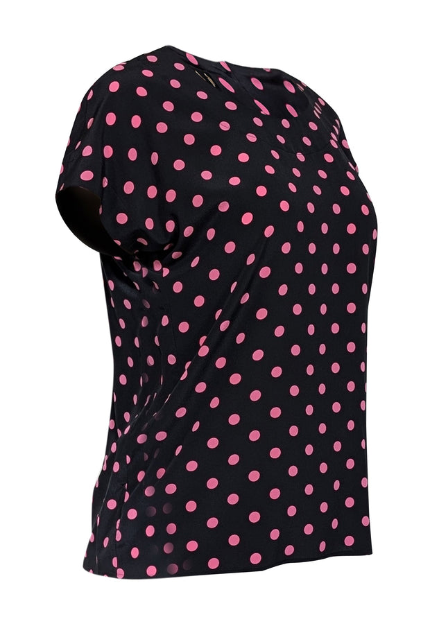 Current Boutique-Escada - Black w/ Pink Polka Dot Print Silk Shirt Sz 6