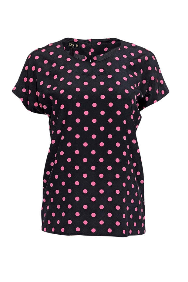 Current Boutique-Escada - Black w/ Pink Polka Dot Print Silk Shirt Sz 6