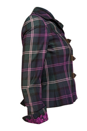 Current Boutique-Escada - Green, Navy, & Purple Plaid Wool Blazer w/ Embroidered Cuffs Sz 2