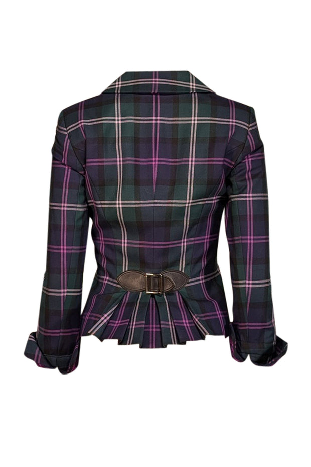 Current Boutique-Escada - Green, Navy, & Purple Plaid Wool Blazer w/ Embroidered Cuffs Sz 2