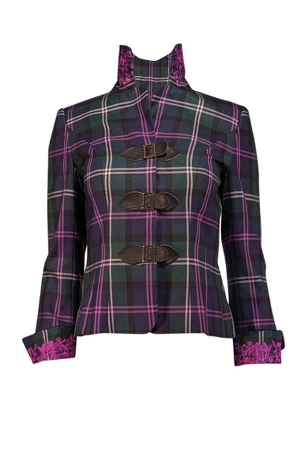 Current Boutique-Escada - Green, Navy, & Purple Plaid Wool Blazer w/ Embroidered Cuffs Sz 2