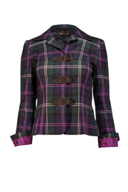 Current Boutique-Escada - Green, Navy, & Purple Plaid Wool Blazer w/ Embroidered Cuffs Sz 2