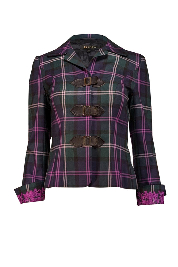 Current Boutique-Escada - Green, Navy, & Purple Plaid Wool Blazer w/ Embroidered Cuffs Sz 2