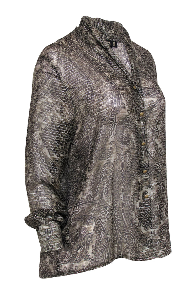 Current Boutique-Escada - Olive, Black, & Silver Paisley Print Semi-Sheer Blouse Sz 6