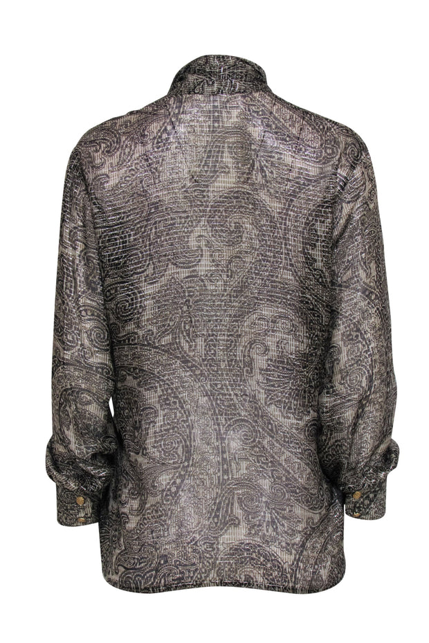 Current Boutique-Escada - Olive, Black, & Silver Paisley Print Semi-Sheer Blouse Sz 6